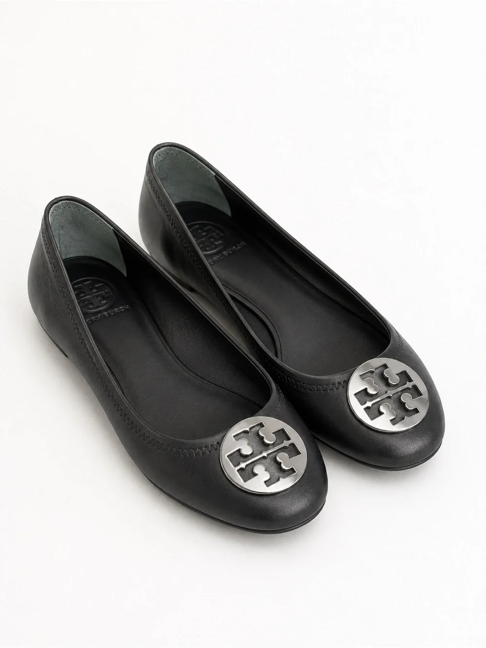 Tory Burch Reva black leather ballet flats silver medallion emblem size 8M